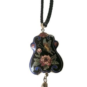 VTG. Cloisonne Double Side Butterfly Puffy Pendant Tassle & Neck Cord